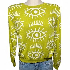 Lizette Collection Evil Eye Sweater Lime Green Graphic Knit Large
